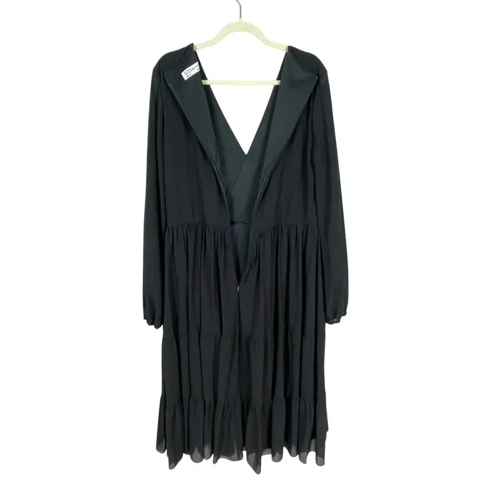 Ieena Mac Duggal Ruched V-Neck Tiered Midi Dress Chiffon Black Sz 14 NWT Chic